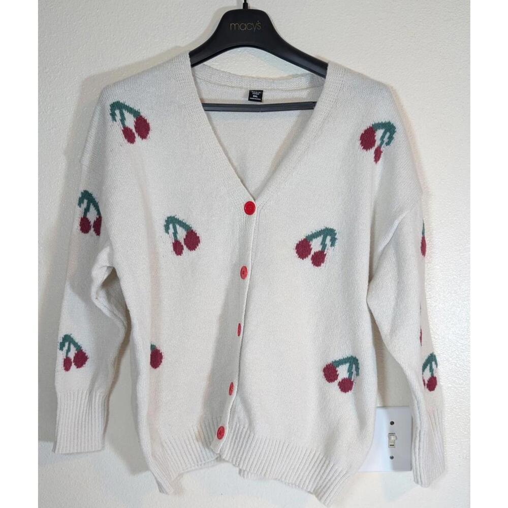 Shein Women's 0XL White Cherry Print with Red Buttons Cardigan Sweat